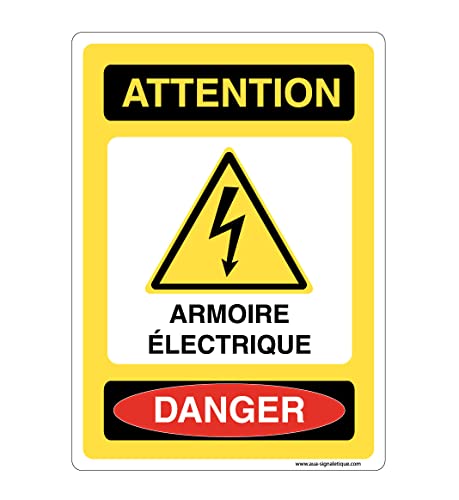 AUA SIGNALETIQUE - Panneau Signalisation avec Coins arrondis - Attention Armoire Électrique - 150x210 mm, Vinyl adhésif
