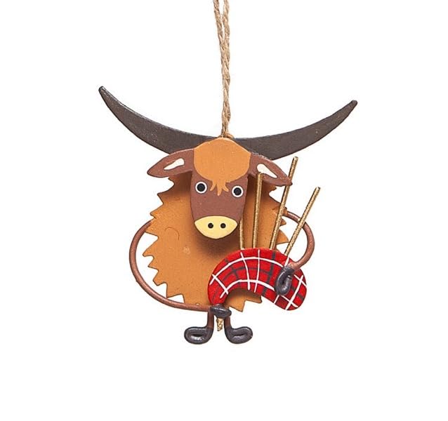 Shoeless Joe Highland Cow Christmas Decoration, Bagpipe Playing Coo, Handcrafted Metal Ornament, 6 x 11 cm