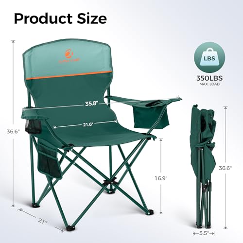 ALPHA CAMP Camping Chairs 350LBS Capacity, Heavy Duty Folding Chair with 4-Can Cooler Bag, Portable Outdoor Chair with Cup Holder for Adults, Collapsible for Tailgating, Beach, Fishing,Black,Green - view 2