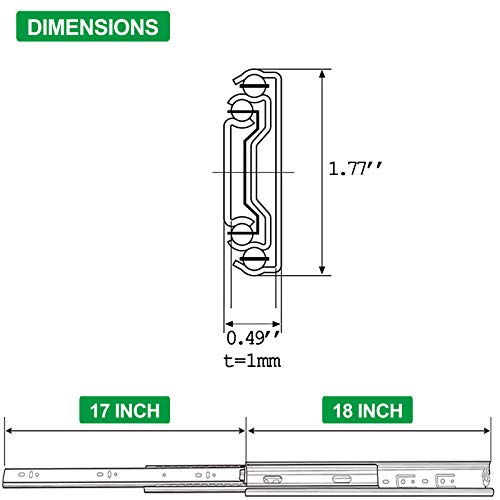 Valisy 2 Pair Of 18 Inch 3-Section Full Extension Ball-Bearing Slow Soft Close Drawer Slides, Self Closing Cabinet Metal Drawer Rails Track Available In 14",16",18",20",22" And 24" Lengths With Screws #TOP5