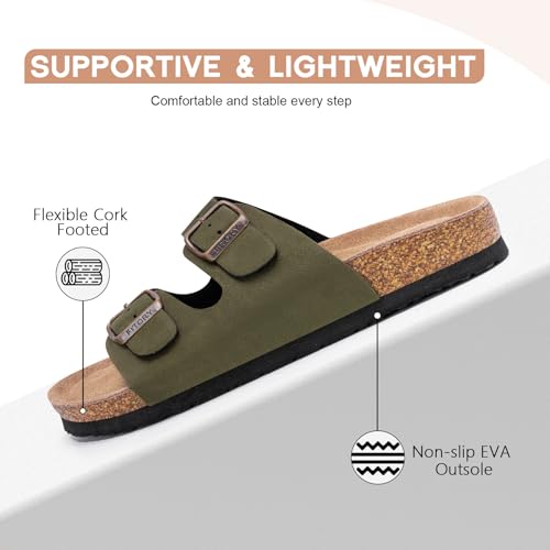 Image of FITORY Womens Flat Sandals with Cork Footbed, Open Toe Arch Support Slides Adjustable Slip On Slippers for Summer 2026 Size 6-11