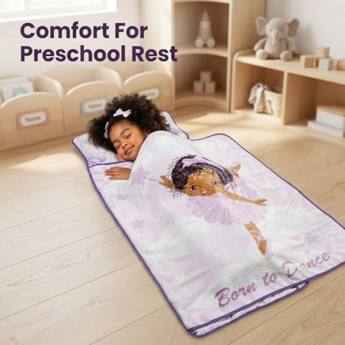 Image of EVERYDAY KIDS Toddler Nap Mat with Removable Pillow - Born to Dance African American Ballerina - Carry Handle with Straps Closure, Rollup Design for Preschool, Daycare, Sleeping Bag - Ages 2-6 Years