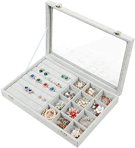 STYLIFING Jewelry Tray Organizer Showcase Display Box Holder Storage Stackable Sackcloth Burlap Linen 12 Grid for Necklaces Bracelets Rings Earrings