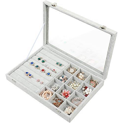 STYLIFING Jewelry Tray Showcase Display Storage Organizer box Vintage Case Multi-function Gray Velvet & Clear Lid with Lock Gifts for Girls Women (2 in 1)
