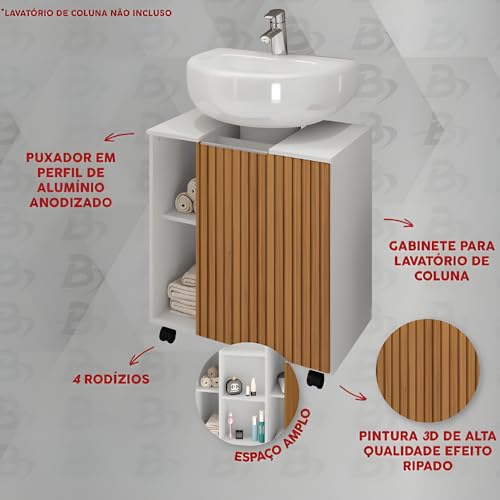 Gabinete Banheiro Para Pia De Coluna Com Rodinhas Armario Moderno E Organizador Com 1 Porta Nichos e