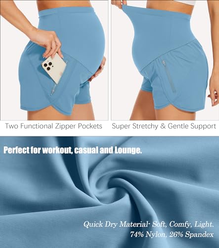 Image of PACBREEZE Women's Maternity Shorts Over Belly Quick Dry Workout Athletic Running Shorts with Zipper Pockets