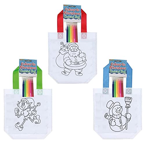 Anila's Complete Christmas Themed 10 Party Bags, Fillers & Favours – 10 Colour in Christmas Canvas Bags with Mini Felt Tip Pens. (Ideal for Children Aged 3-8)