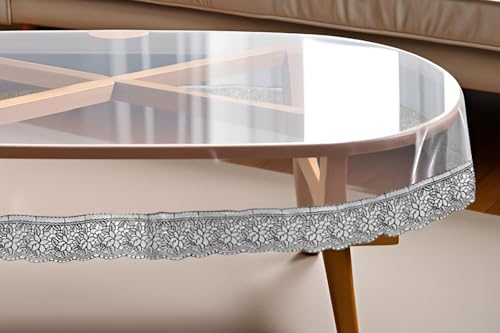 Image of The Furnishing Tree Oval Shaped Transparent Center Table Cover WxL 45x70 inches 0.25 mm Thickness with Silver Lace