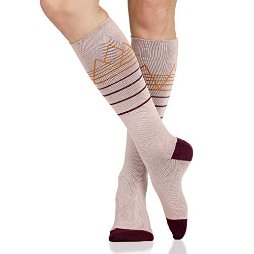 VIM & VIGR Merino Wool 15-20 mmHg Graduated Compression Socks for Women & Men (Mauve & Clay Elevation Stripe, Wide Calf Small/Medium)