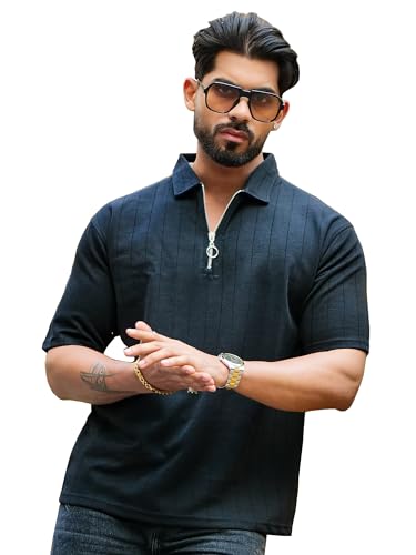 Image of Maniac || Mens || Textured || Polo Neck || 3 /4th Sleeve || Half Zipper || Cotton || T-Shirt