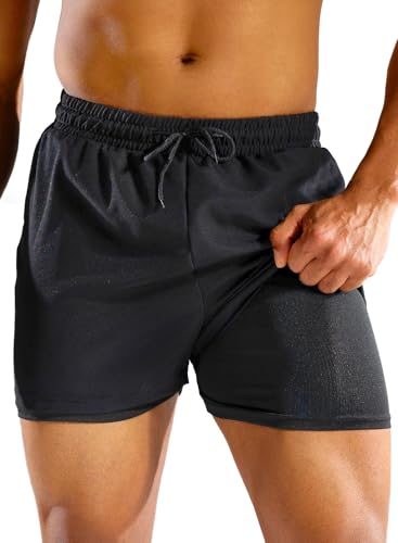 MIZOK Mens 2 in1 Swim Running Shorts Quick Dry Gym Athletic Shorts with 5 Inch Compression Liner