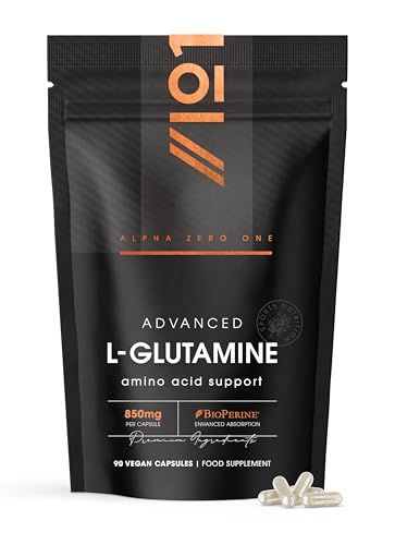 L-Glutamine 850mg with BioPerine® – 90 Vegan Capsules – Vegan Fermented Amino Acid – Resealable and Recyclable Pouch by Alpha01