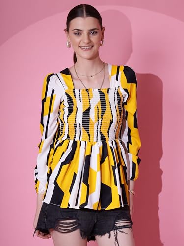 Image of Sheetal Associates Women's Crepe Puff Sleeves Peplum Top with Floral Printed Regular Fit Full Sleeve and V-Neck Maxi Length