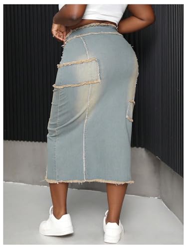 SweatyRocks Women's Plus Size Jean Midi Skirt Denim Raw Trim Lace Up Bodycon Skirts2