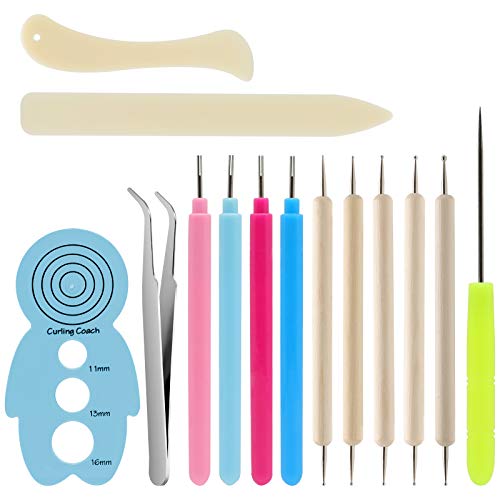 KITANIS 14Pcs Paper Quilling Tool and Supplies Include 5Pcs Double Head Indentation Pens 4Pcs Slotted Pens 2Pcs Bone Folder Tools Awl Tweezer and Curling Coach for Card Making Bookbinding