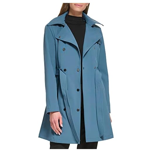 Calvin Klein Jaqueta de chuva feminina transpassada com cinto e capuz removível, Oasis, azul-petróleo, PP