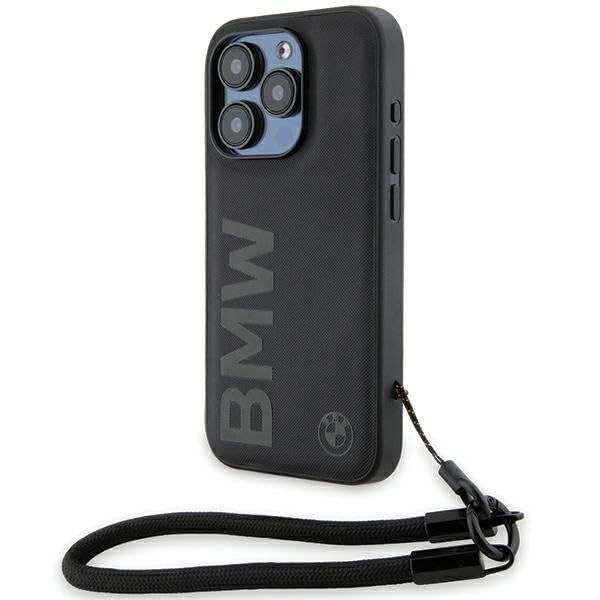 CG MOBILE BMW BMHCP15L23RMRLK Coque Rigide pour iPhone 15 Pro 6,1Noir Signature Cuir Cordon