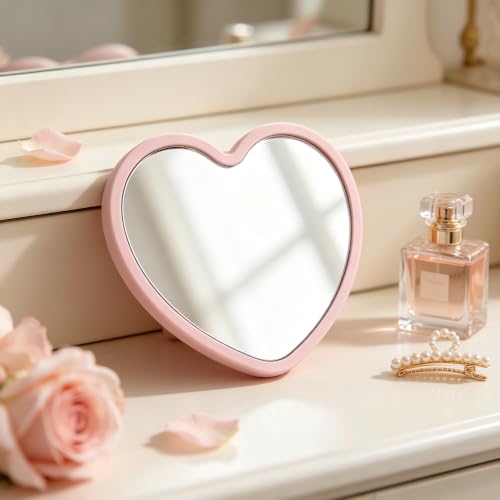 1 pacote de espelho de maquiagem em forma de coração, reflexo verdadeiro de um lado compacto, espelho de bolso portátil para bolsa, acessório cosmético de viagem de uso diário, para ela, rosa