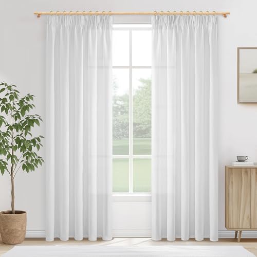 MRTREES Lot de 2 Rideau Voilage Galon Fronceur pour Rail Effet Lin Blanc Semi-Transparent, Rideaux et Draperies Intérieurs pour Salon Moderne Salle à Manger...