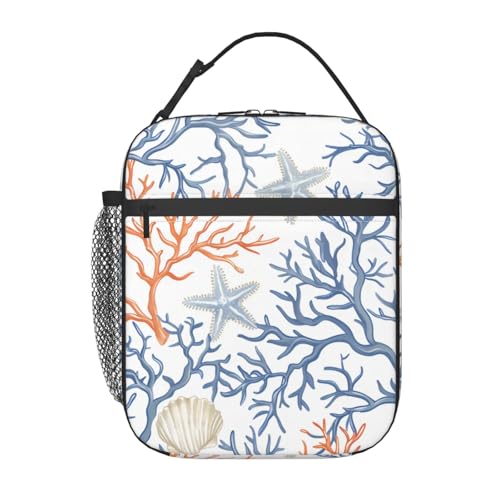 ainori Reusable Nautical Coastal Lunch Box for Kids Girls Boys Women Adult, Insulated Coral and Starfish Lunch Bag,Polyester Cooler Ocean Handbags...