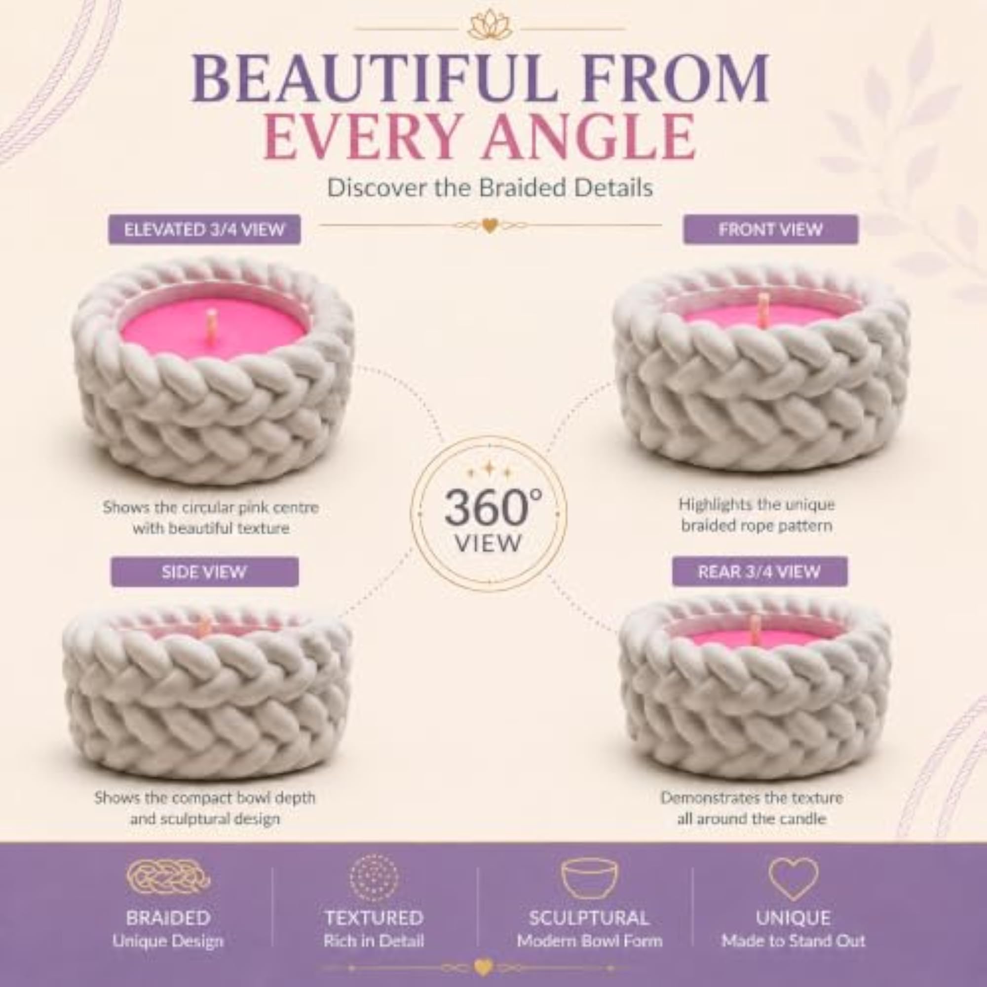 Modern Braided Pink Wax Candle, Decorative Gift