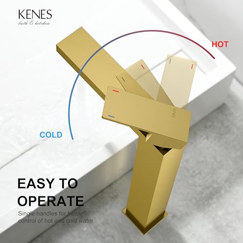 KENES Brushed Gold Tall Bathroom Faucet, Single Handle Vessel Sink Faucet Gold Vanity Bathroom Faucet with Supply Lines and Pop Up Sink Drain, LJ-9031A-4 by KENES - Used condition - Image 4