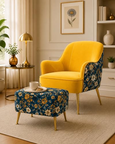 Image of Accent Chair with Ottoman | Modern Velvet Lounge Chair with Floral Designer Back | Upholstered Armchair for Living Room, Bedroom & Cafe | Golden Legs (Yellow Floral)