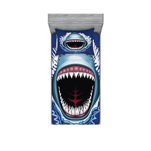 Ambesonne Shark Fitted Sheet & Pillow Sham Set, Attack of Open Mouth Sharp Teeth Sea Danger Wildlife Ocean Life Cartoon, Decorative Printed 2 Piece Bedding Decor Set, Twin, Blue Grey