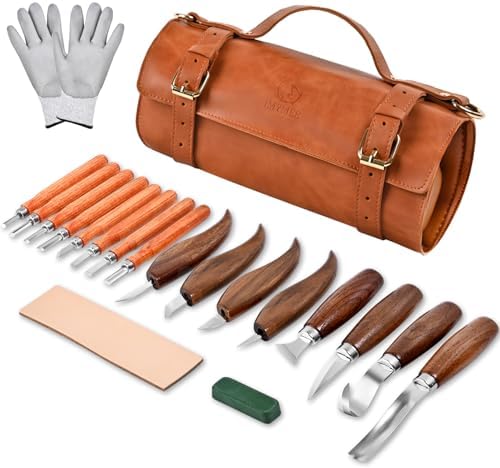 Deluxe Wood Carving Kit - 21Pcs Wood Carving Tools with Leather Storage Bag,Wood Carving Tools Set with 8Pcs Whittling Knives, 8Pcs Detail Carving Knives,Wood Whittling Kit for Beginners
