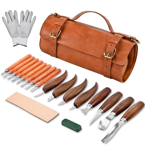IMYMEE Deluxe Wood Carving Kit - 21Pcs Wood Carving Tools with Leather Storage Bag,Wood Carving Tools Set with 8Pcs Whittling Knives, 8Pcs Detail Carving Knives,Wood Whittling Kit for Beginners