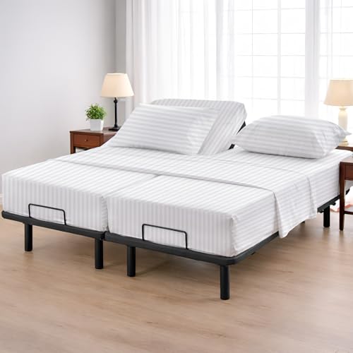 Cotitngton Lane Split King Sheets for Adjustable Bed, 100% Cotton 5 Piece Extra Soft Split King Sheets, King Split Fits 14" to 16" Deep Pocket Fitted Sheet Set, White Stripe