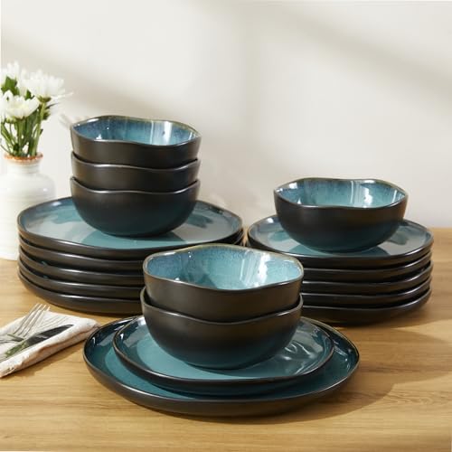 Image of Pokini 18 Piece Dinnerware Sets for 6, Green Black Reactive Glaze Stoneware | Irregular Artisan Style for Family Dinners, Weekend Gatherings | Scratch‑Resistant, Microwave & Dishwasher Safe