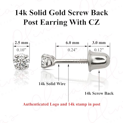 Olivia's Collection 14k White or Yellow Gold Screw Back Stud Earrings (2.0-7.0mm), Piercing to the Lobe, Upper-Lobe, and further piercing for a Woman, Man, and Teens2