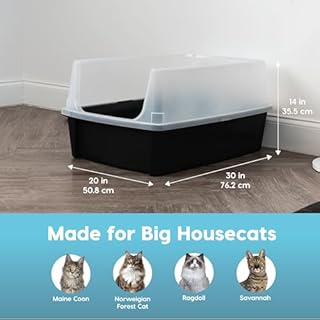 IRIS USA XX-Large Open Top Cat Litter Box with High Sided Walls Tall Scatter Shield Scoop Included Easy Clean Plastic Pan for Big Cats Kittens Multi-Cat Households 30"L x 20"W x 14"H Black