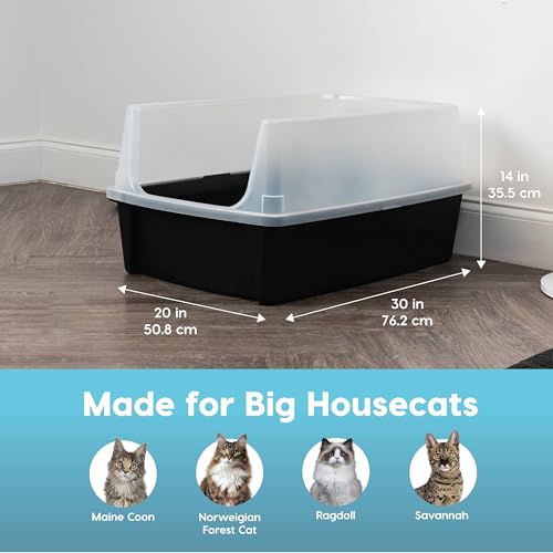 IRIS USA Cat Litter Box XX-Large Open Top with High Sided Walls Tall Scatter Shield Scoop Included Easy Clean Plastic Pan for Big Cats Kittens Multi-Cat Households 30"L x 20"W x 14"H Black by IRIS USA - Image 2