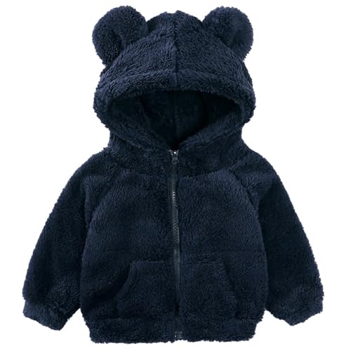 LUVCES Bebe Fille Veste Polaire Dessin Animé à Capuche Manteau avec Oreilles Chaud Vêtements Zip Up d'extérieur Manteau Bleu marine 3-4 Ans