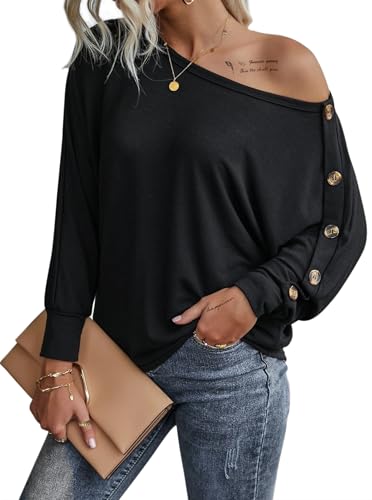 Sofia's Choice Damen One Shoulder Langarm Knopf T Shirt Schulterfreies Oberteil Lockeres Top Schwarz XL