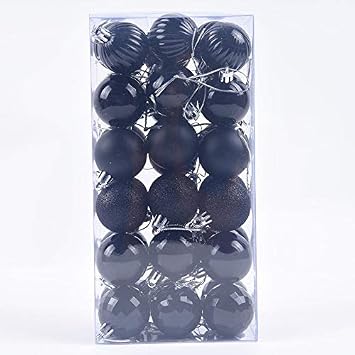 Kipokalor Mini Christmas Tree Black Ball Ornaments, 35pcs Shatterproof Satin Shiny and Glitter Finish Bulb Christmas Ornaments 4CM, Black