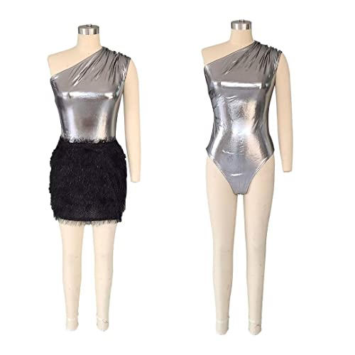 Kafiloe Women Sexy 2 Piece Outfits Clubwear One Shoulder Metallic Bodysuit Top Night Party Club Mini Skirt Set3