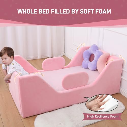 Toddler Bed, Child Bed for Kids with Extra Safty Broad, Standard Crib Size Toddler Bed, Certified Fabric Toddler Beds,Toddler Flood Bed (Pink)