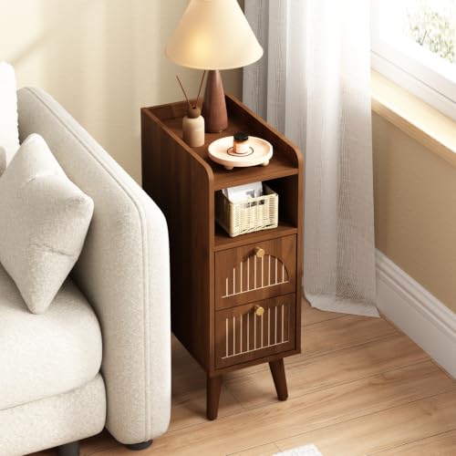 Image of Wnutrees 9.3 inch Narrow Nightstand with 2 Drawer, Fluted Wood End Table, Brown