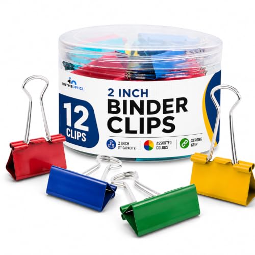 1InTheOffice Large Binder Clips Colored, 2" Size with 1" Capacity -12 Clips