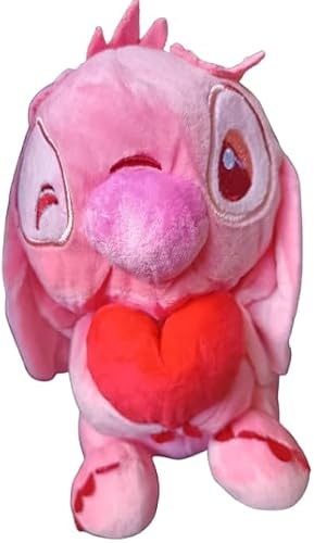 Valentines day Pink stitch angel Plush Bunny Toy with Red Heart, Soft Stuffed Animal, Large Eyes