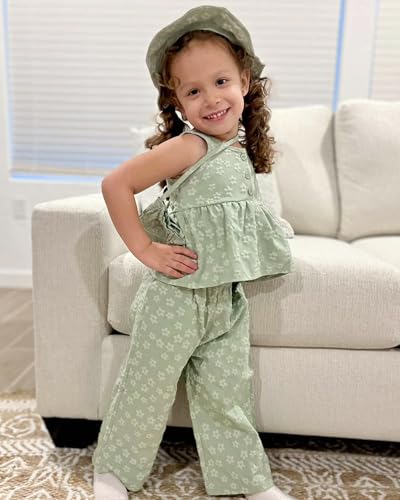 HINTINA 3T Toddler Girl Clothes Preschool Ditsy Floral Sleeveless Camisole Elastic Waist Pants Set Summer Outfits Spring Clothing, 3-4 Years, Green