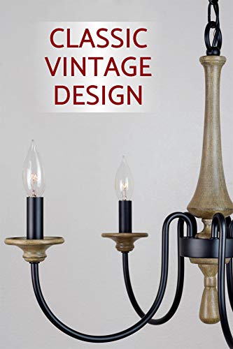 Kira Home Sherbrooke 24" 5-Light French Country Chandelier, Adjustable Height, Smoked Birch Style Wood + Black Finish #TOP3