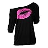 Smile Fish Women Casual Oversized Sexy Lips Print Off Shoulder T-Shirt