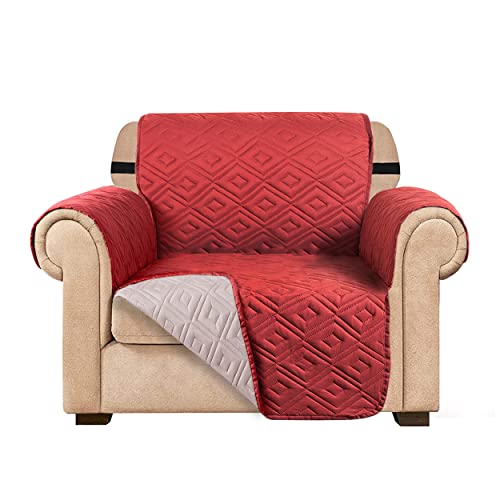 AMEHA Sofa Cover 1 Seater Waterproof Sofa Slipcovers - Reversible Furniture Sofa Protectors from Pets & Kids with Adjustable Elastic Straps Embossed Quilted Couch Settee Covers - Burgundy Cream