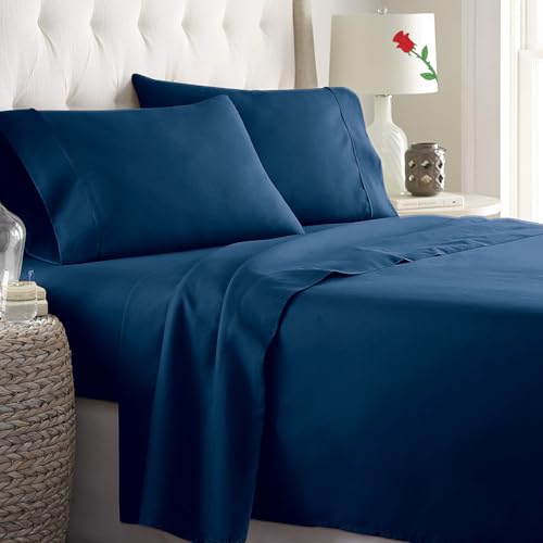 ForZzz 4 Piece Double Bed Sheet Set-2000TC Bedding Sheets & Pillowcases -Breathable Bedding - Wrinkle, Fade, Stain Resistant-Deep Pocket Flat Fitted Bed Sheet Set (Navy, Double)