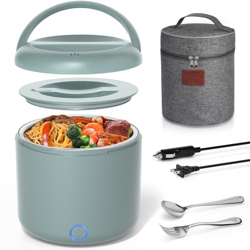 Electric Lunch Box for Adults, 41-Ounce Portable Food Warmer, 100W Leakproof Heated Lunch Box with Insulated Bag Fork Spoon for Car/Truck/Home/Work, 12V/24V/110V, Green