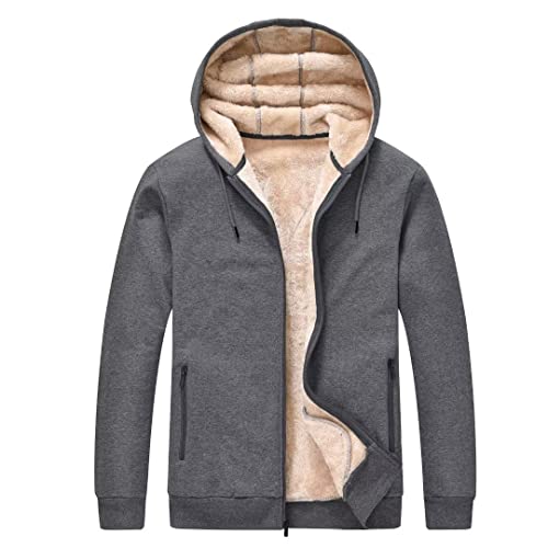 Pdbokew Men's Fleece Hoodie Drawstring Full Zip Sweatshirt With Fleece Lined Sleeves A-Grey #TOP3